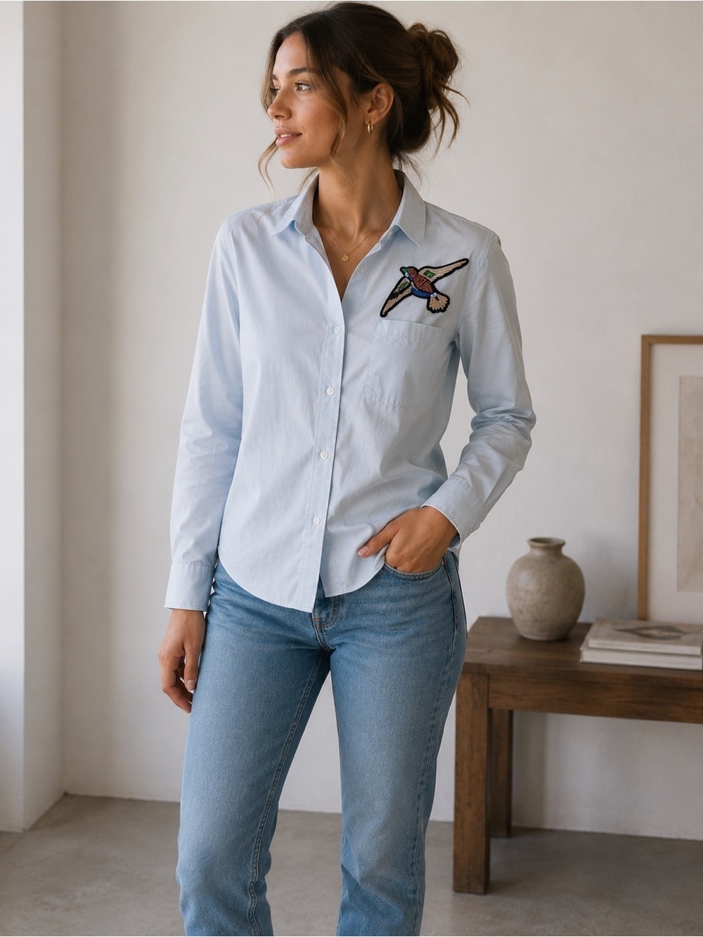 Simons Icône Sky Blue Sequin Bird Button Down Shirt Size PS Petite Minimalist